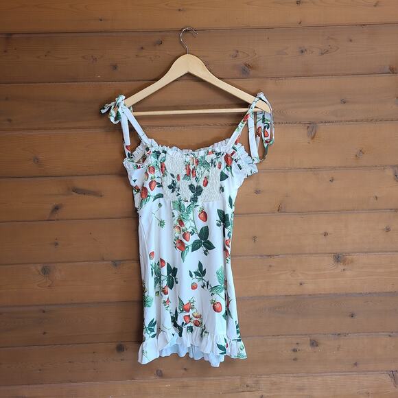Cider Strawberry Summer Ruffle Tie Shoulder Bow Mini Dress Bustier Small Boho - Picture 3 of 5